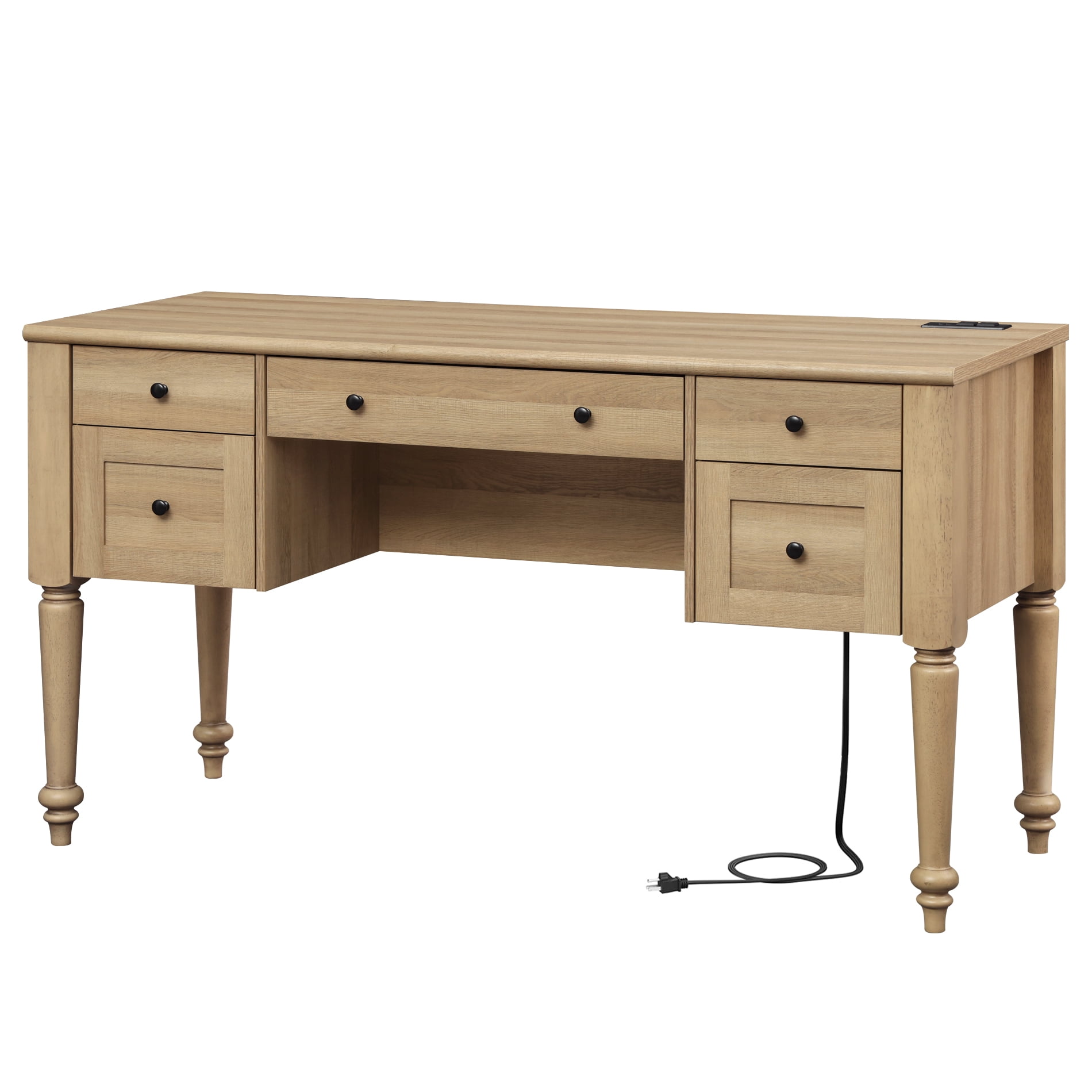 Vanity Desk with 5 Drawers, Home Office Desk with Charging Station, No Mirror, Makeup Vanity Dressing Table with Rear Cabinet Storage, Door, Open Shelf for Bedroom, Oak