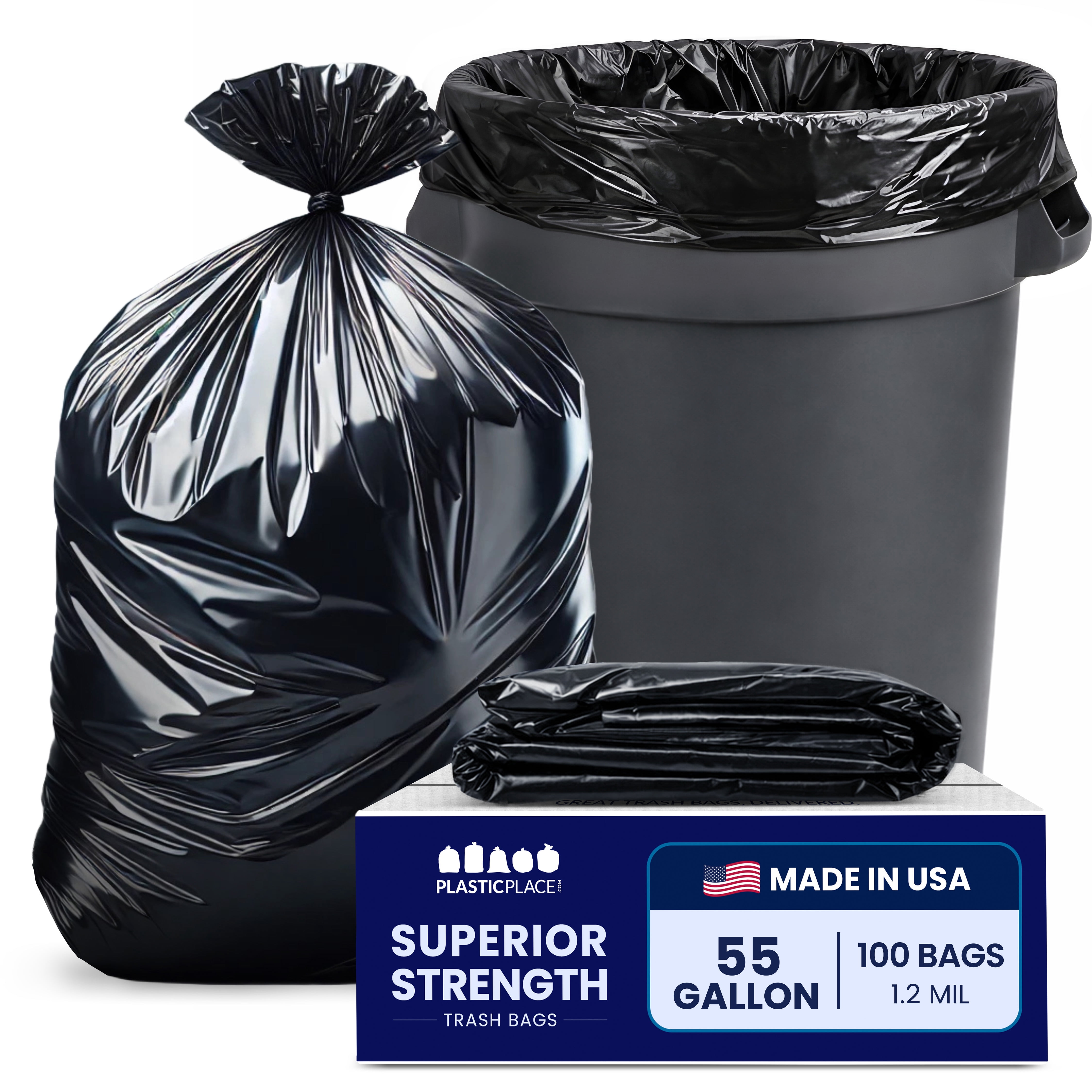 Plasticplace 55 Gallon Trash Bags │1.2 Mil │ 40" x 50" (100 Count), Black
