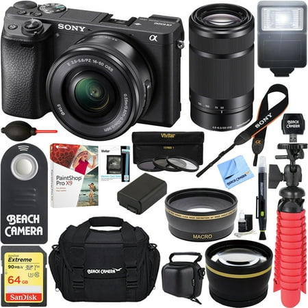 Sony Alpha a6500 24.2MP Wi-Fi Mirrorless Camera 16-50mm & 55-210mm Zoom Lens (Black) + NP-FW50 Spare Battery + Accessory