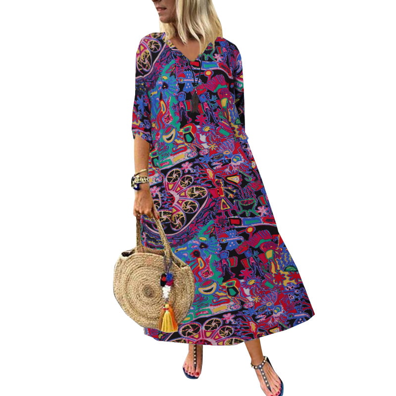 ZANZEA Women V Neck Half Sleeve Kaftan Dress Multi-Color Printed Maxi ...