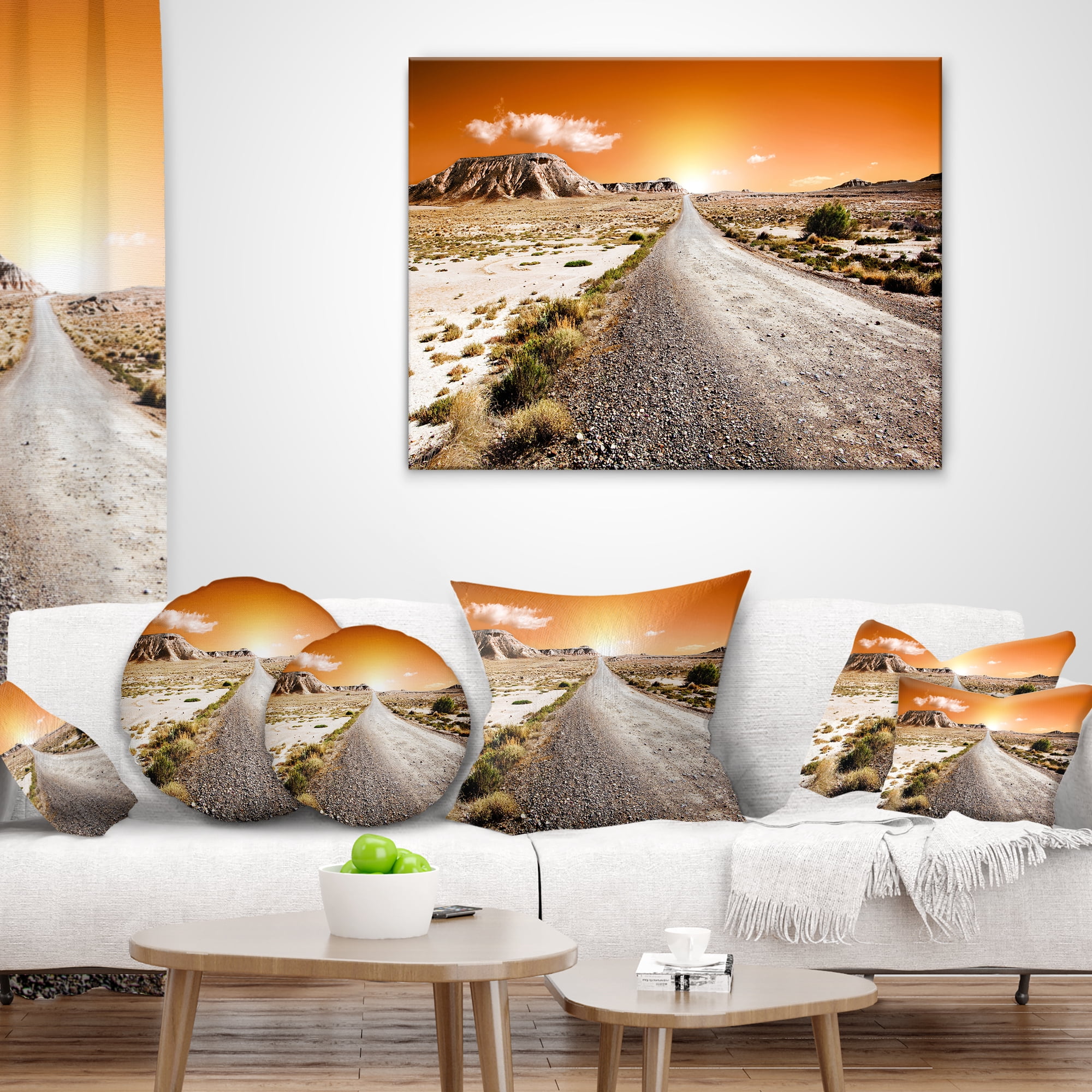 Designart Sunset Desert with Pebble Road - Landscape Printed Throw Pillow - 16x16