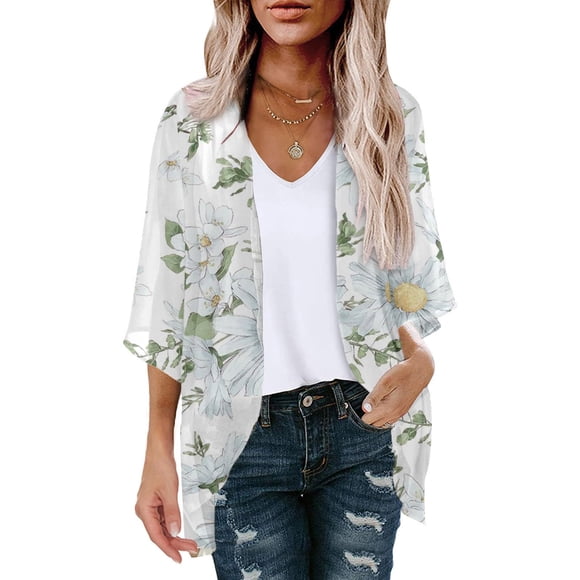 VEKDONE 2025 Walmart Week Deals Floral Short Sleeve Cardigans for Women Casual Drape Open Front Lightweight Summer Cardigan Beach Cover Ups White,S