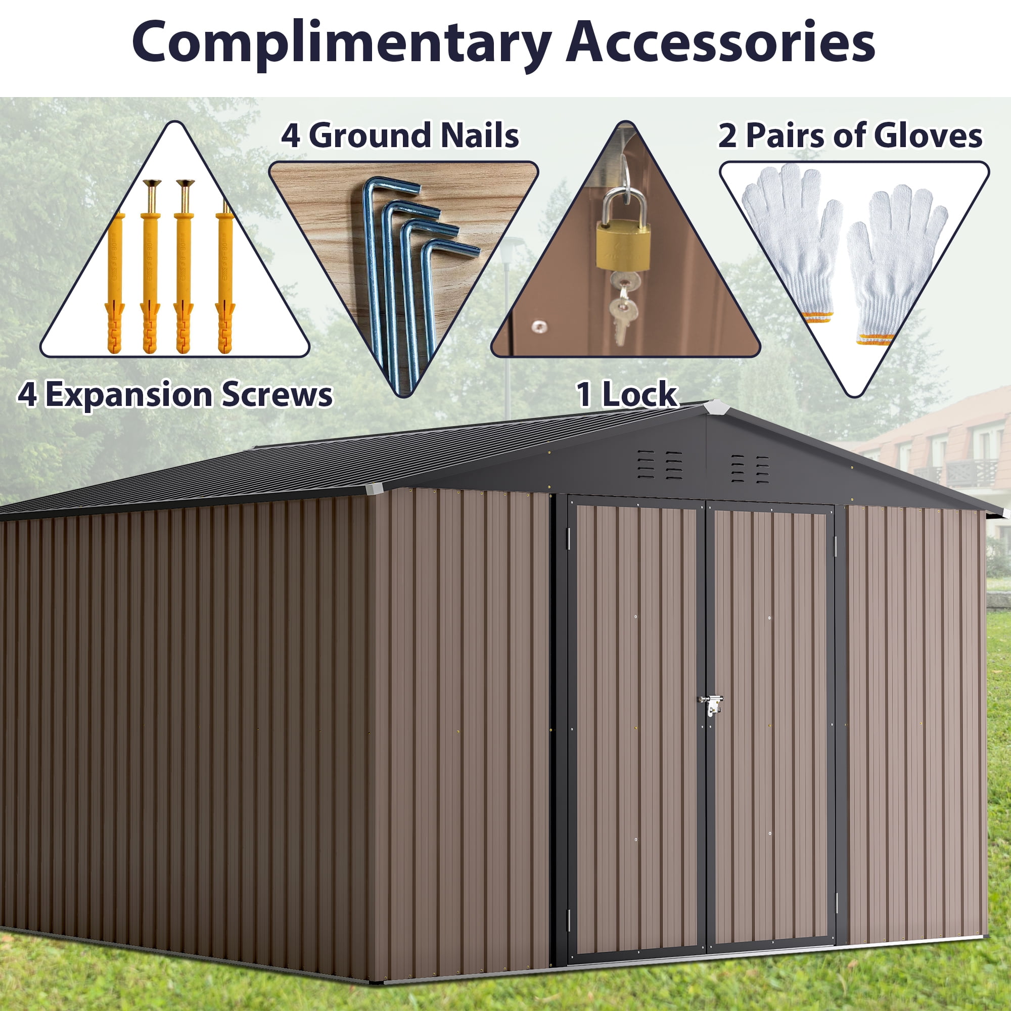 MAYEERTY 10x10FT Outdoor Metal Storage Shed, Galvanized Steel Tool Shed with Lockable Doors & Ventilation, All-Weather Waterproof Organizer for Backyard, Garden & Patio