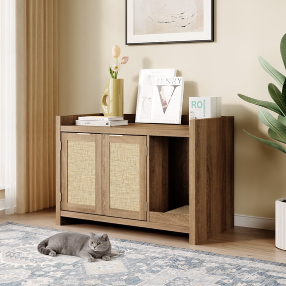 33'' Cat Litter Box Enclosure with Rattan Door,Hidden Litter Cabinet Furniture with Cat Scratch Pad for Living Room, Rustic Oak