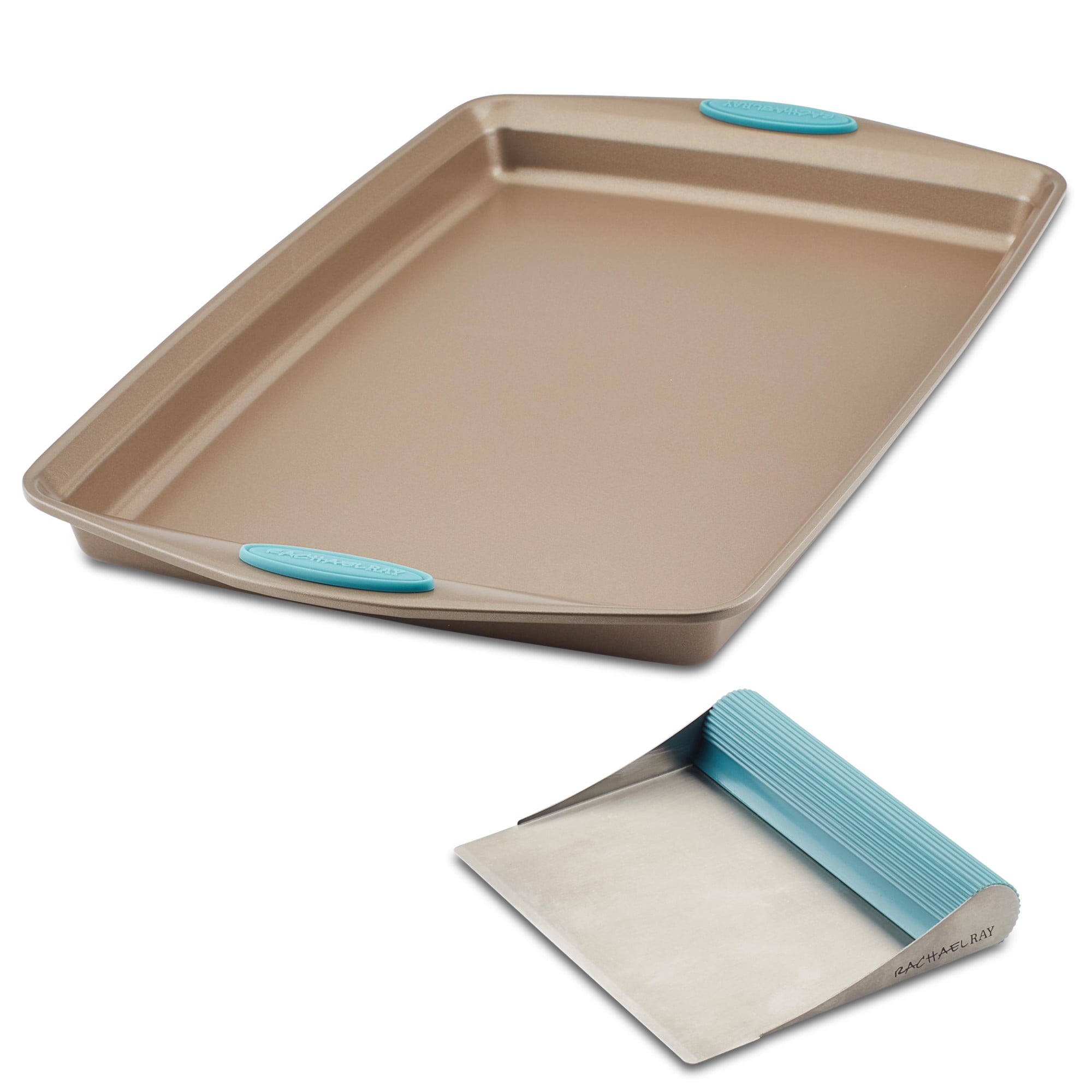 Latte Brown Rachael Ray Cucina Nonstick Bakeware 24-Cup Bite-Size Baker Agave Blue Handle Grips 
