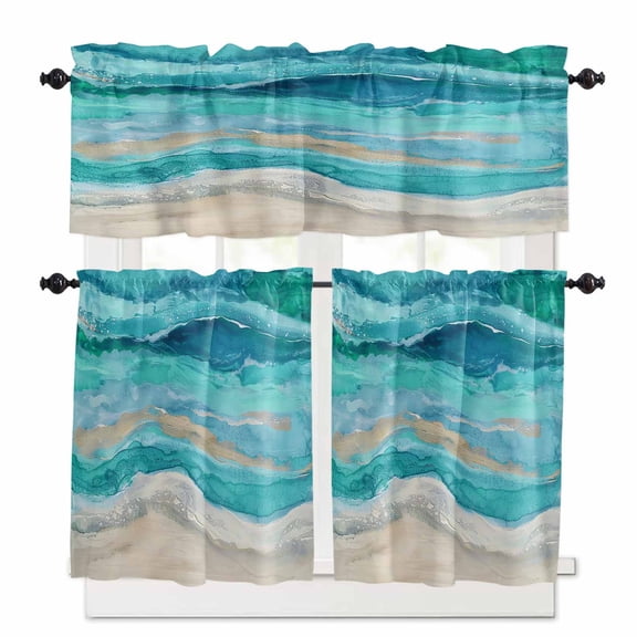Teal Coastal Kitchen Curtains and Valances Set, 3 Piece Kitchen Curtains Set 24 Inch Length, Summer Beach Nautical Abstract Art Rod Pocket Curtains Tier Farmhouse Window Curtains