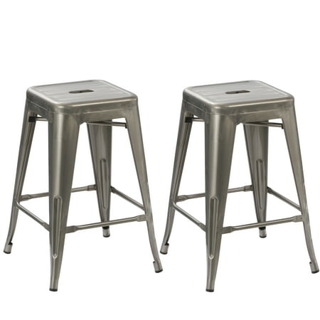 BTEXPERT® 24-inch Industrial Antique Clear Brush Distressed Metal Bar Stools Stackable Dining room (Set of
