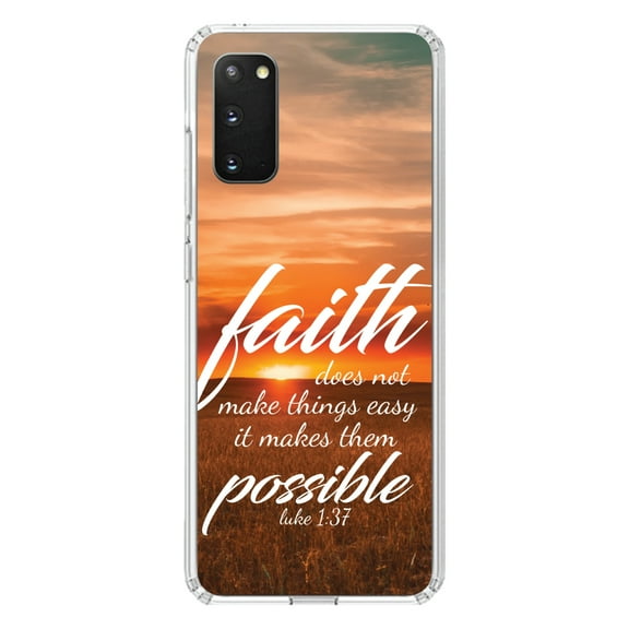 DistinctInk Clear Shockproof Hybrid Case for Galaxy S20 / S20 5G (6.2" Screen) - TPU Bumper, Acrylic Back, Tempered Glass Screen Protector - Luke 1:37 - Faith Does Not Make Easy Makes Possible