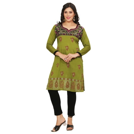 Maple Clothing India Long Tunic Top Kurti Women's Printed Indian Apparel (Green, S)