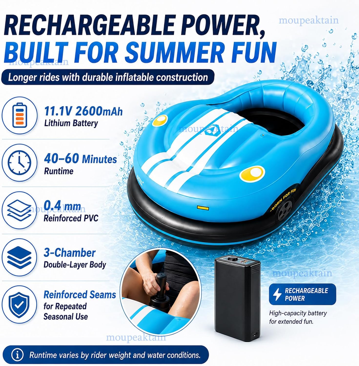 Inflatable Motorized Bumper Boats for Pool, Bumper Float with 46W Thruster, 360° Joystick Control, Equipped with 2 Rechargeable Batteries