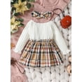 thumbnail image 3 of Infant Girl Spring A-Line Dress with Bow Headband, Long Sleeve Round Neck Plaid Print Patchwork Dress, 3 of 9