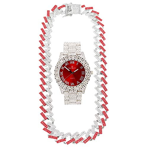Charles Raymond Blinged Out Hip Hop Rolly Looks with Iced Out Wristwatch Trim and Band with Matching Zig Zag Blinged Out Necklace Sets - ZZ Necklace Sets (ST10327 SLV/Blood Red)
