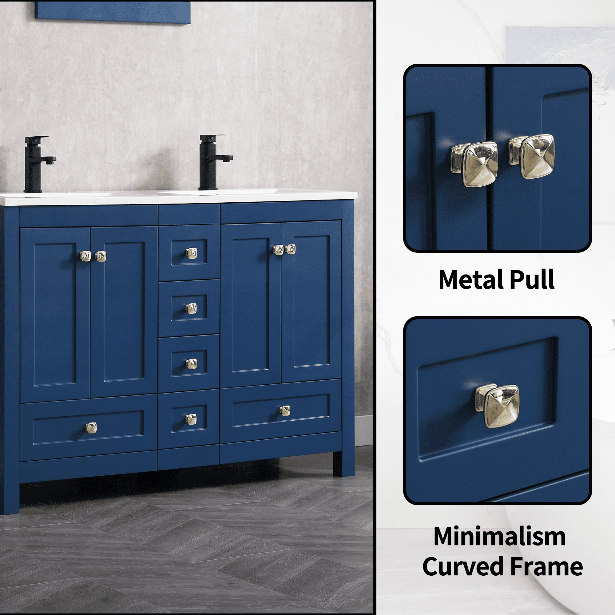 Eclife 48" Freestanding Bathroom Vanity Set with Resin Double Sink Top, PU Paint, Water Saving Faucet, Navy Blue