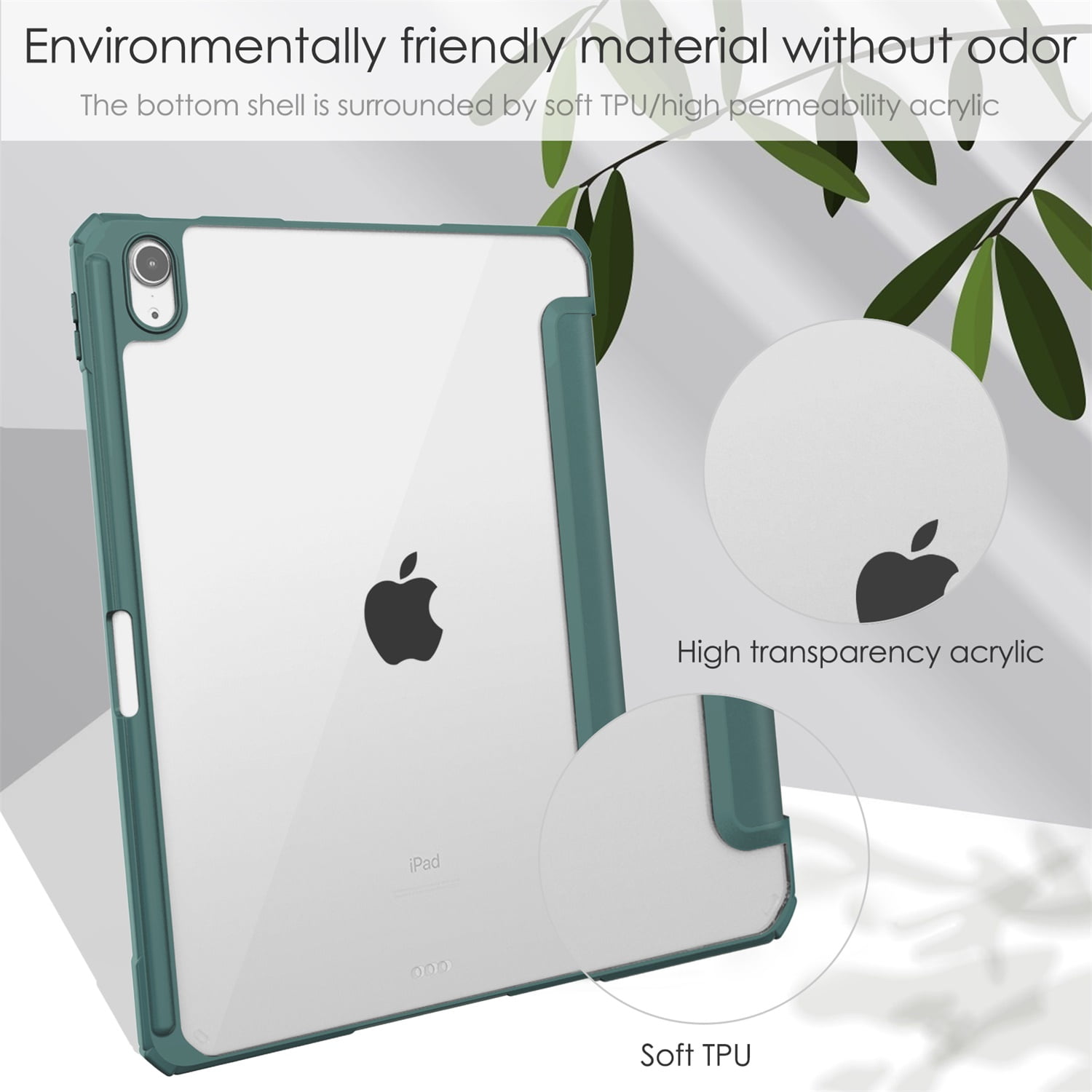 SaniMore Case for Apple iPad Air 11 (2024), Auto Sleep/Wake Shock Resistant [Built-in Pencil Holder] Flip Stand [Dual Angle] Transparent Slim Lightweight Anti-fall Tablet Shell, Deep Green