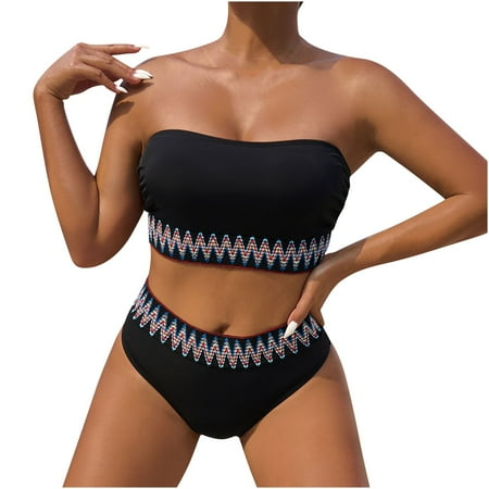 Arnsht Women s Bandeau High Waisted Bikini Patchwork Strapless Ribbed Swimsuits Two Piece Bathing Suits Black S