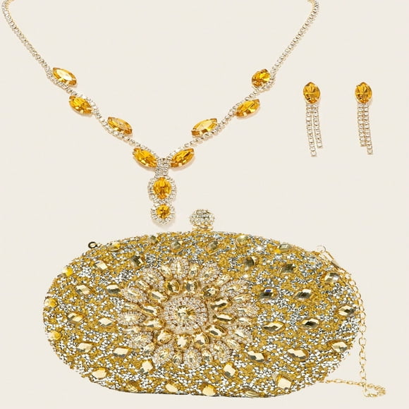 LNGOOR LETODE BAG 3 Pieces Women Rhinestone Evening Clutch Bag Rhinestone Ear Clip Bridal Wedding Choker Bracelet Dangle Bcolored Purse Womens Evening Bag Wedding Handbag Clutch Purse