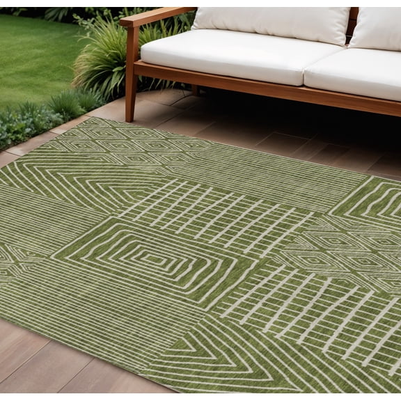8' X 10' Olive Green And Beige Geometric Washable Indoor Outdoor Area Rug