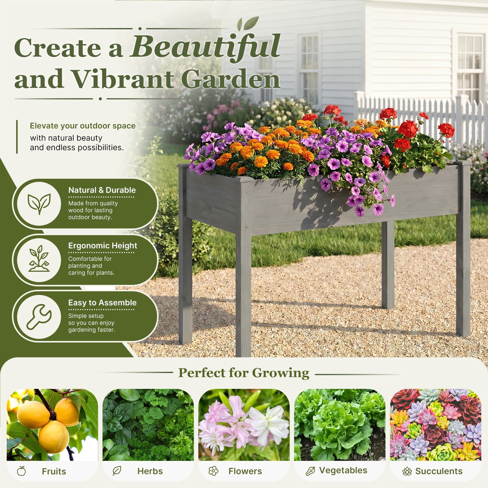Wooden Raised Garden Bed with Legs, 48"L X 24"W X 30"H, Elevated Reinforced Large Planter Box for Vegetable Flower Herb Outdoors