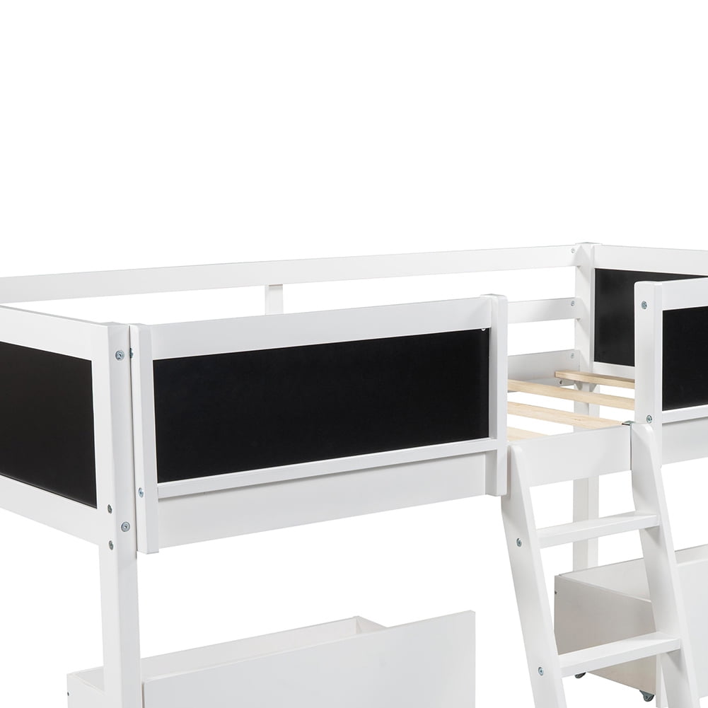 Kadyn Twin Size Low Loft Bed with Two Drawers,with Decorative Guardrail Chalkboard,White