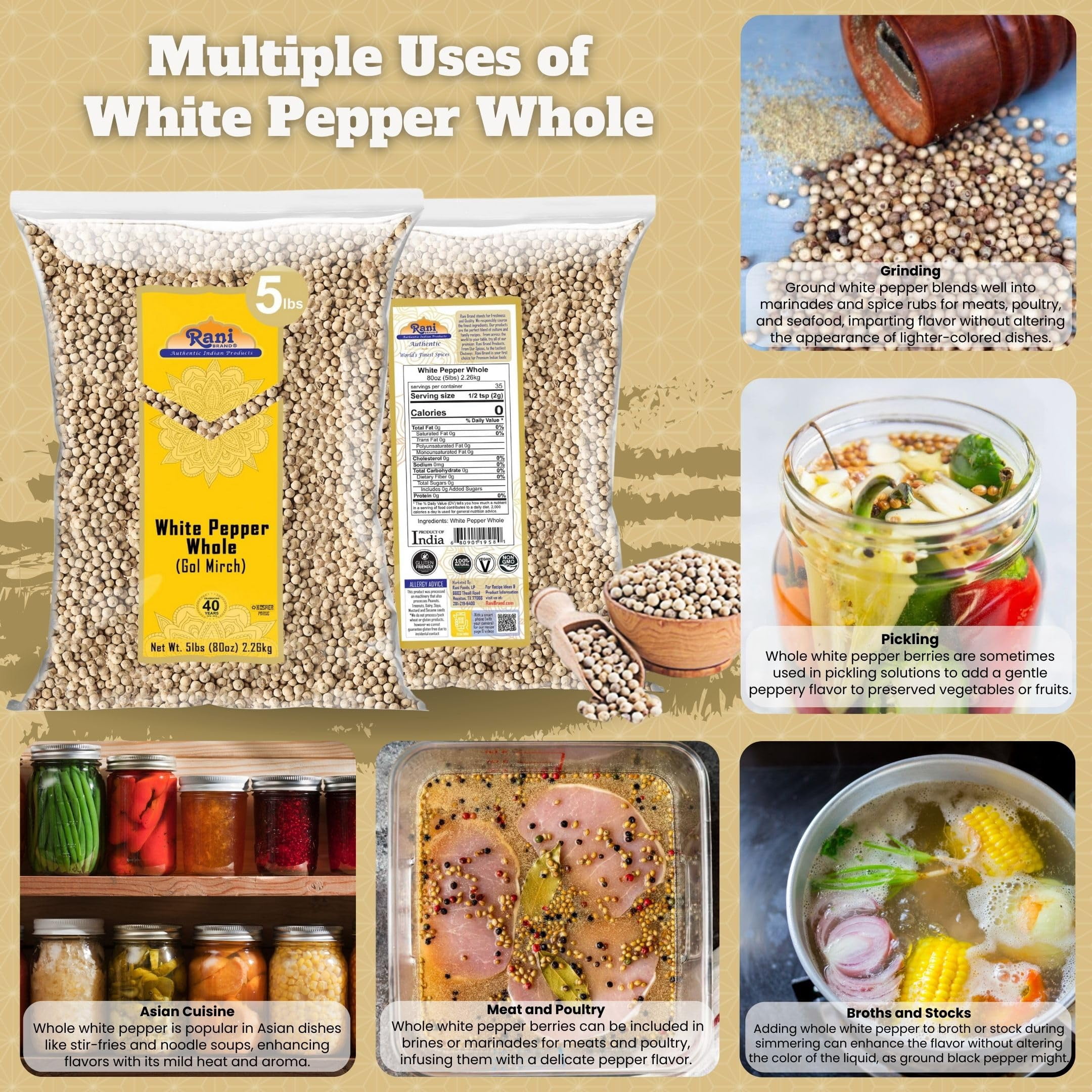 Rani White Pepper (Gol Mirch), Whole Spice 80oz (5lbs) 2.27kg Bulk ~ All Natural | Vegan | Gluten Friendly| NON-GMO | Kosher | Indian Origin