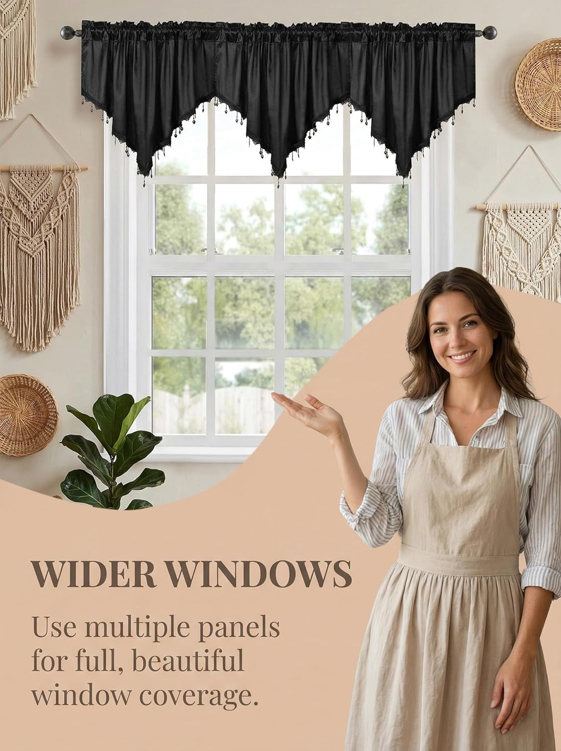 Swag Curtain 51 inch Length Rod Pocket Scalloped Curtain Valance Sheer Lace Panels with Hanging Crystal Beads for Kitchen Bedroom Window Treatments Drape Decor 1pc (Cloth Black, 51Wx23L)