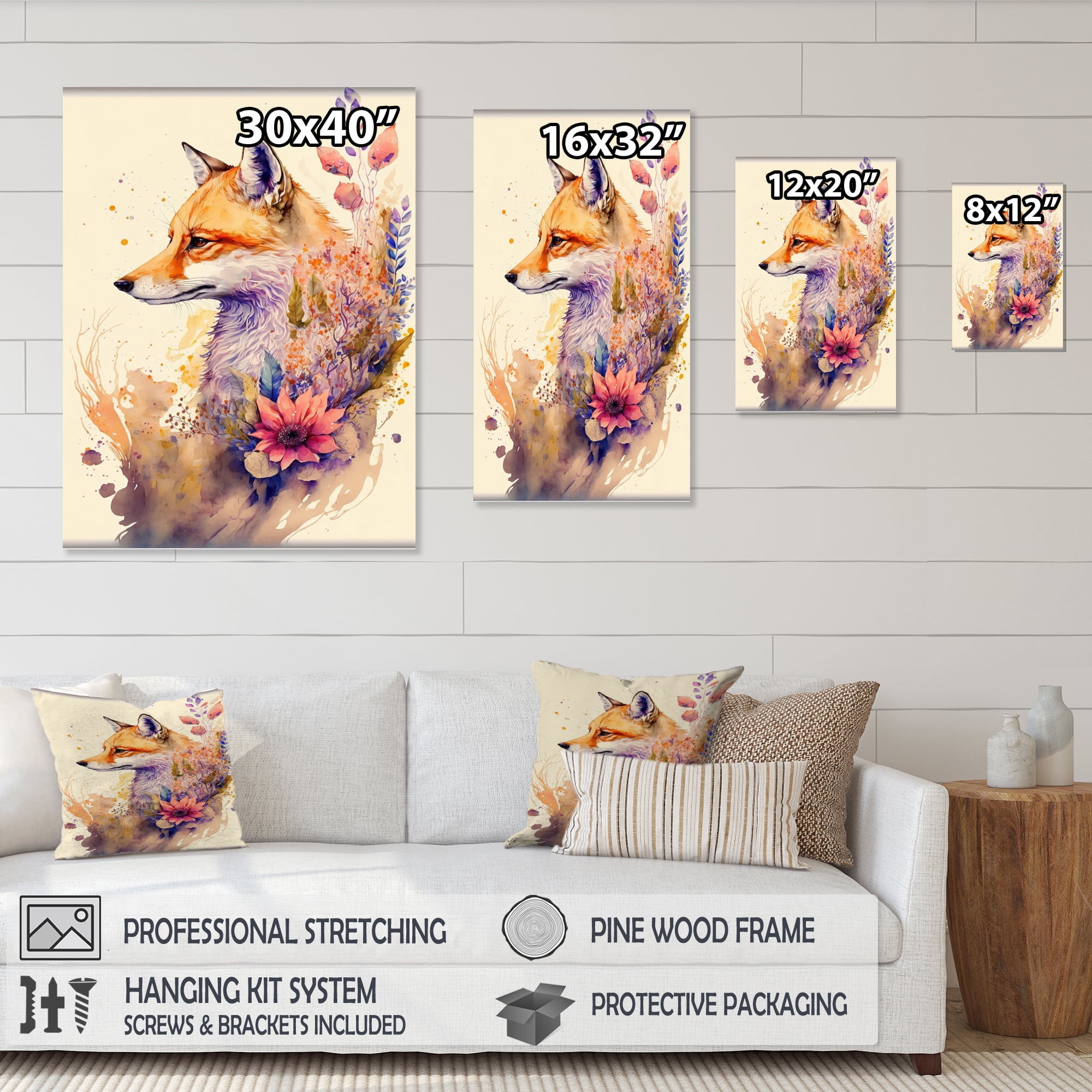 Designart Cute Fox Floral Art Canvas Wall Art - Multicolor