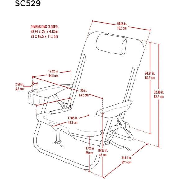 ASC529 4-Position Backpack Lace-Up Suspension Folding Beach Chair with Cup Holder and Pillow