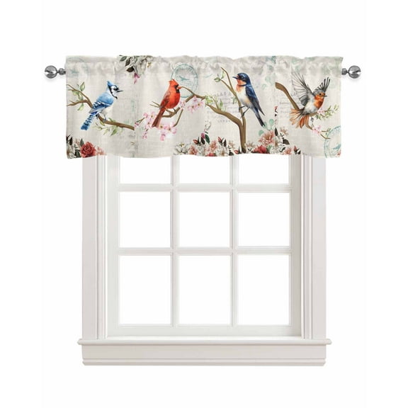 Spring Birds Floral Kitchen Valances for Windows Farmhouse Linen Window Valance Curtain for Living Room Window Treatment Farmhouse Botanical Burlap Valance Rod Pocket Topper Drape, 42 x 12 Inch