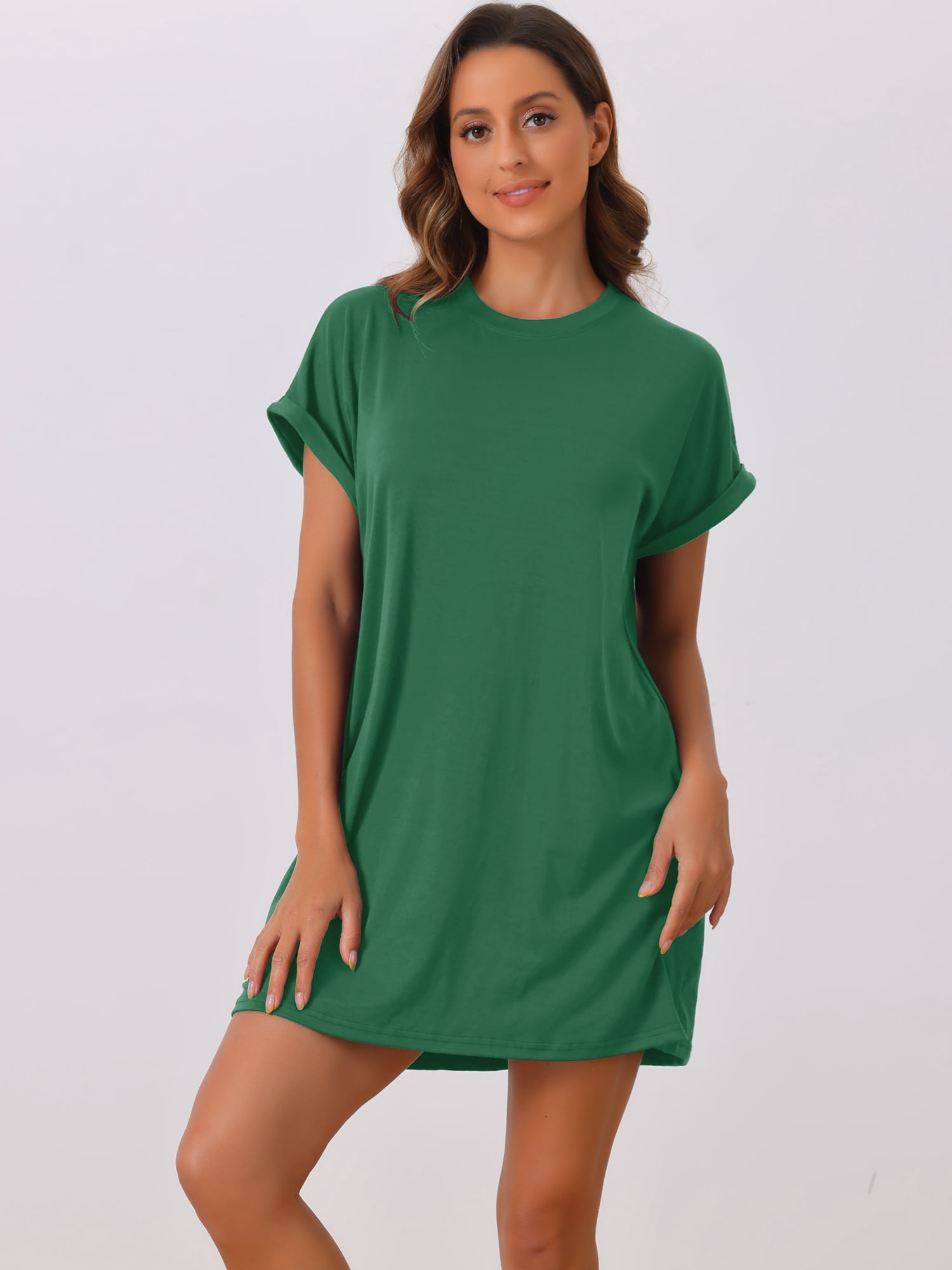 DARING DIVA Women's Short Sleeve Crew Neck Soft Night Dress with Pockets XL Green