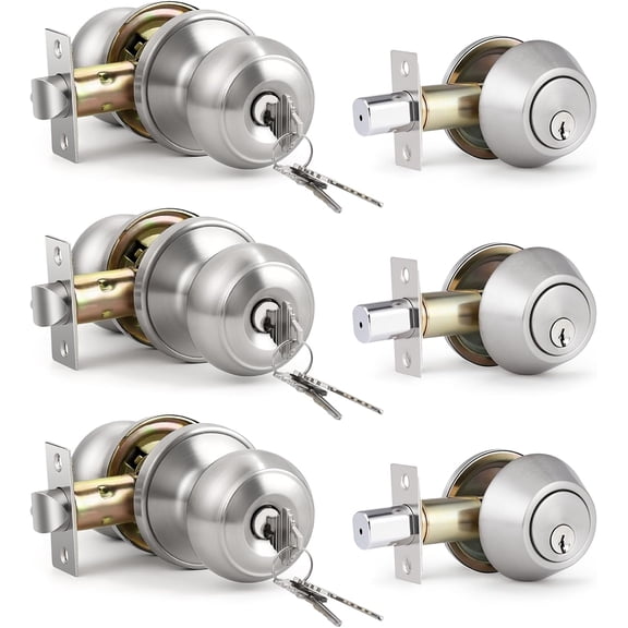 Keyed Entry Door Knob and Single Cylinder Deadbolt Combo Set, Exterior Door Knobs for Entrance and Front Door, Keyed Alike Knob and Deadbolt, Satin Nickel, 3 Pack