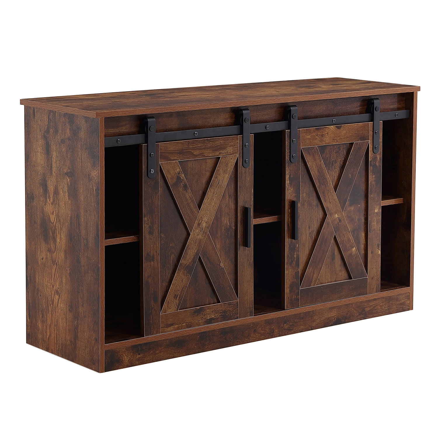 Kadyn Farmhouse TV Cabinet, MDF Floor Storage Cabinet with Two Sliding Barn Doors, Entertainment Center TV Console for Living Room, Rustic Brown Kadyn Farmhouse TV Cabinet, MDF Floor Storage Cabinet with Two Sliding Barn Doors, Entertainment Center TV Console for Living Room, Rustic Brown