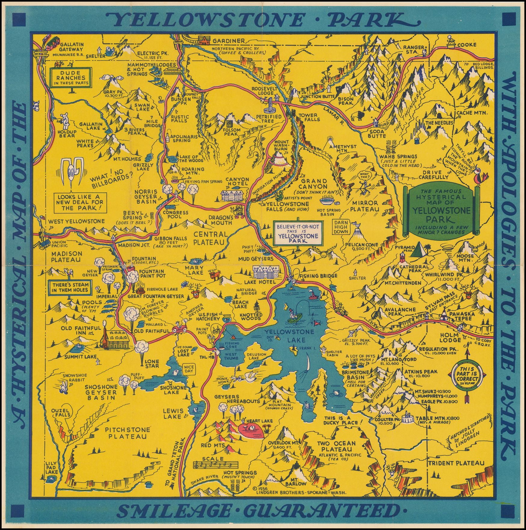 laminated poster a hysterical map of the yellowstone park
