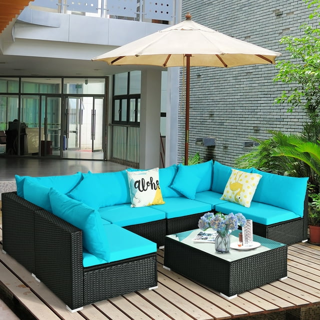 Patiojoy 7-Piece Patio PE Rattan Sectional Sofa Furniture Set Wicker Sofa Conversation Set Turquoise
