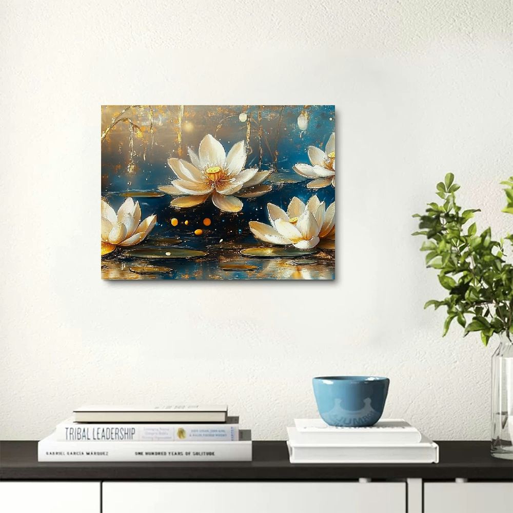 BROOKMAPLES Large Canvas Wall Art for Living Room Bedroom Home Office Blue White Lotus Flower Picture Framed Canvas Prints Artwork Ready to Hang Size 24x48 20x16in