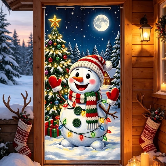 Fmbmuo Plastic Christmas Door Cover, 35X71 Inch Clear Pattern Porch Banners for Front Door, Photo Backdrop Decor Wall Decor