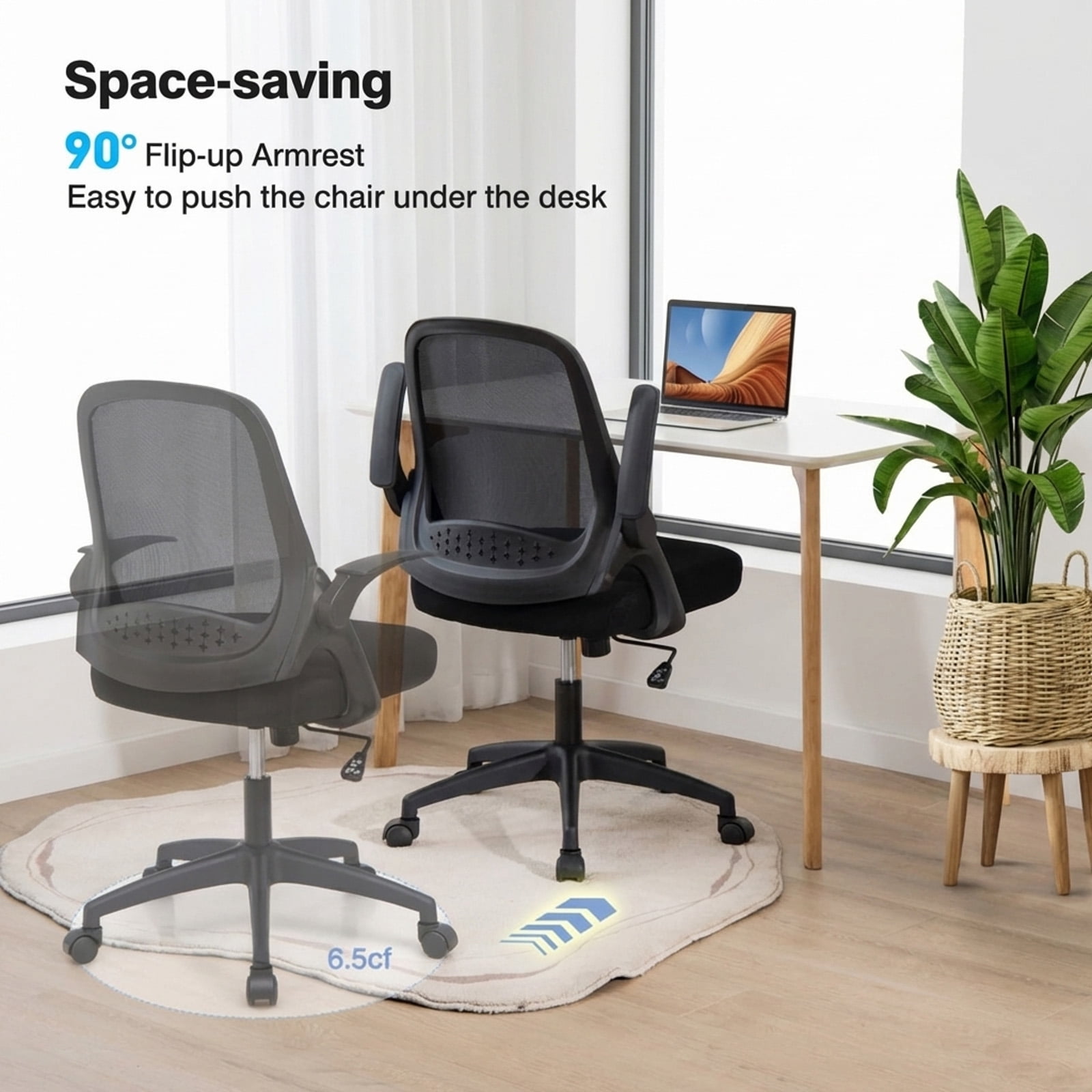 Furnibear Mesh Office Chair with Flip-up Armrests, Lumbar Support, Adjustable Height Ergonomic Rolling Computer Desk Chair for Home Office, Black