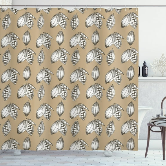 Cocoa Shower Curtain, Botanical Herbs Beans Nature Theme Seeds Cocoa Leaf Branches Artful Pattern, Fabric Bathroom Set with Hooks, 69W X 84L Inches Extra Long, Camel Taupe White, by Ambesonne