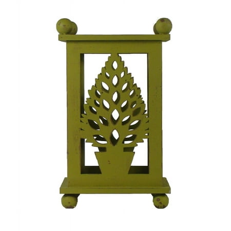 Melrose 12.5" Pistachio Green Distressed Summer Tree Cut-Out Pillar Candle Lantern