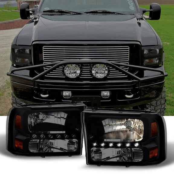 AKKON - For Ford F250/F350 Superduty Excursion Black Smoke LED Headlights Replacement Left   Right Pair Set