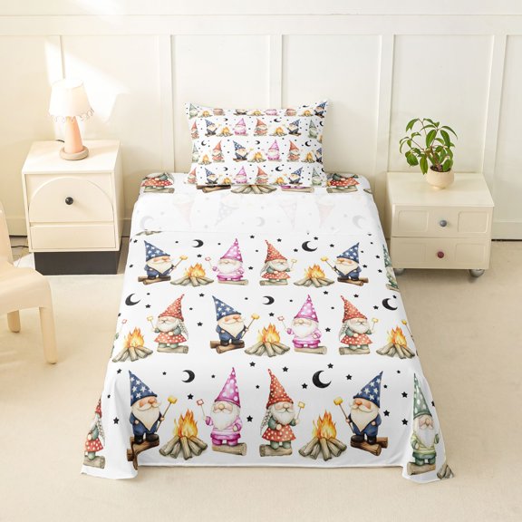 Homewish Cute Gnome Twin Sheets For Kids,Kawaii Cartoon Themed Bedding,White,3 Pieces,1 Fitted Sheet and 1 Pillowcase