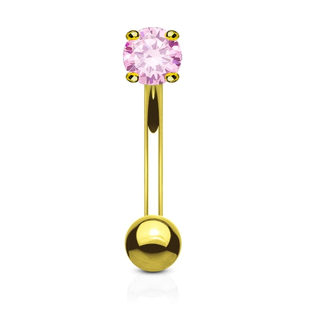 Eyebrow Ring Curved Barbell 14K Solid Gold with Prong Round Cubic Zirconia