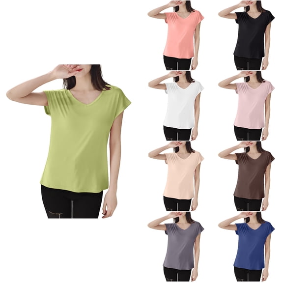 Antinious Women Solid Short Sleeve Base Tee V-Neck Lightweight Summer Sleepwear Casual Night Shirts