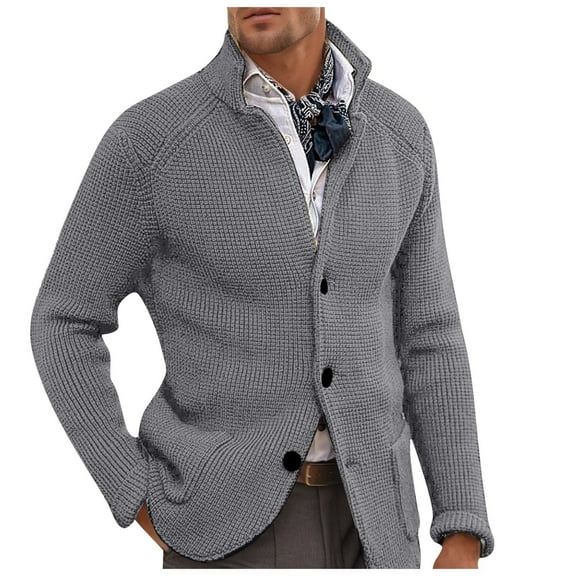 DHFJKG Men's Casual Knit Sweater Jackets Long Sleeve Stand Collar Three Button-Up Knitwear Coat With Pockets Solid Color Comfort Outerwear
