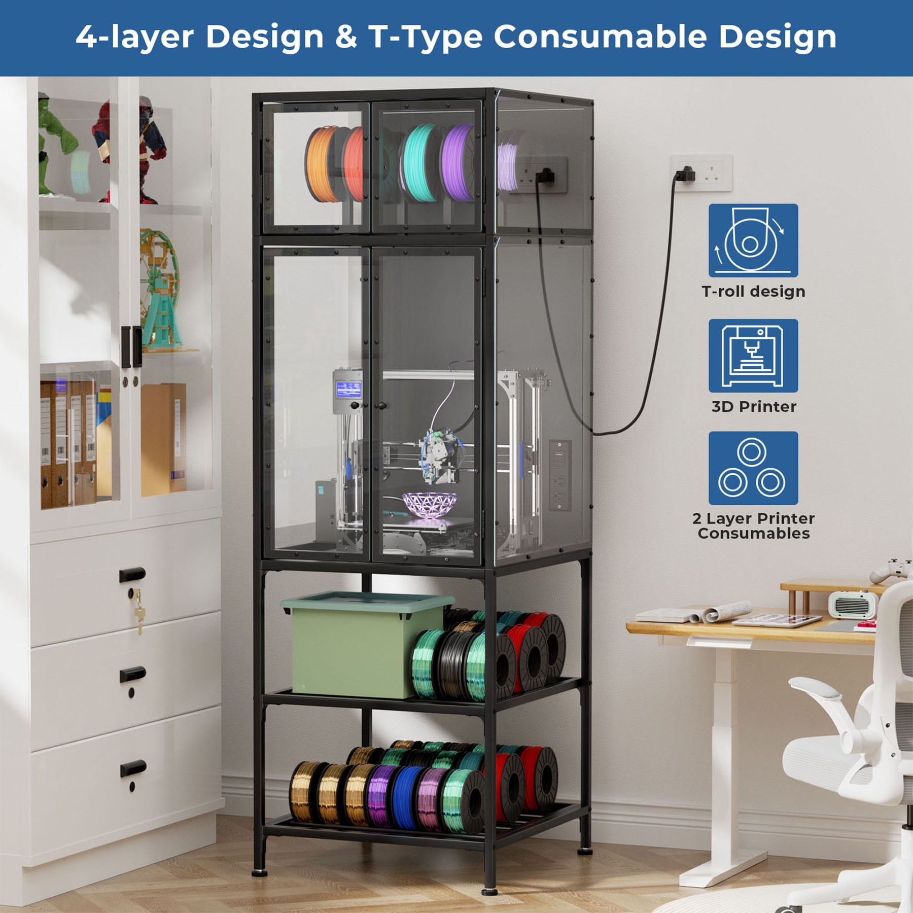 S-HOME Black 3D Printer Cabinet with Double Layer Filament Storage Rack and Noise-Reducing Design, for Studio and Office Use