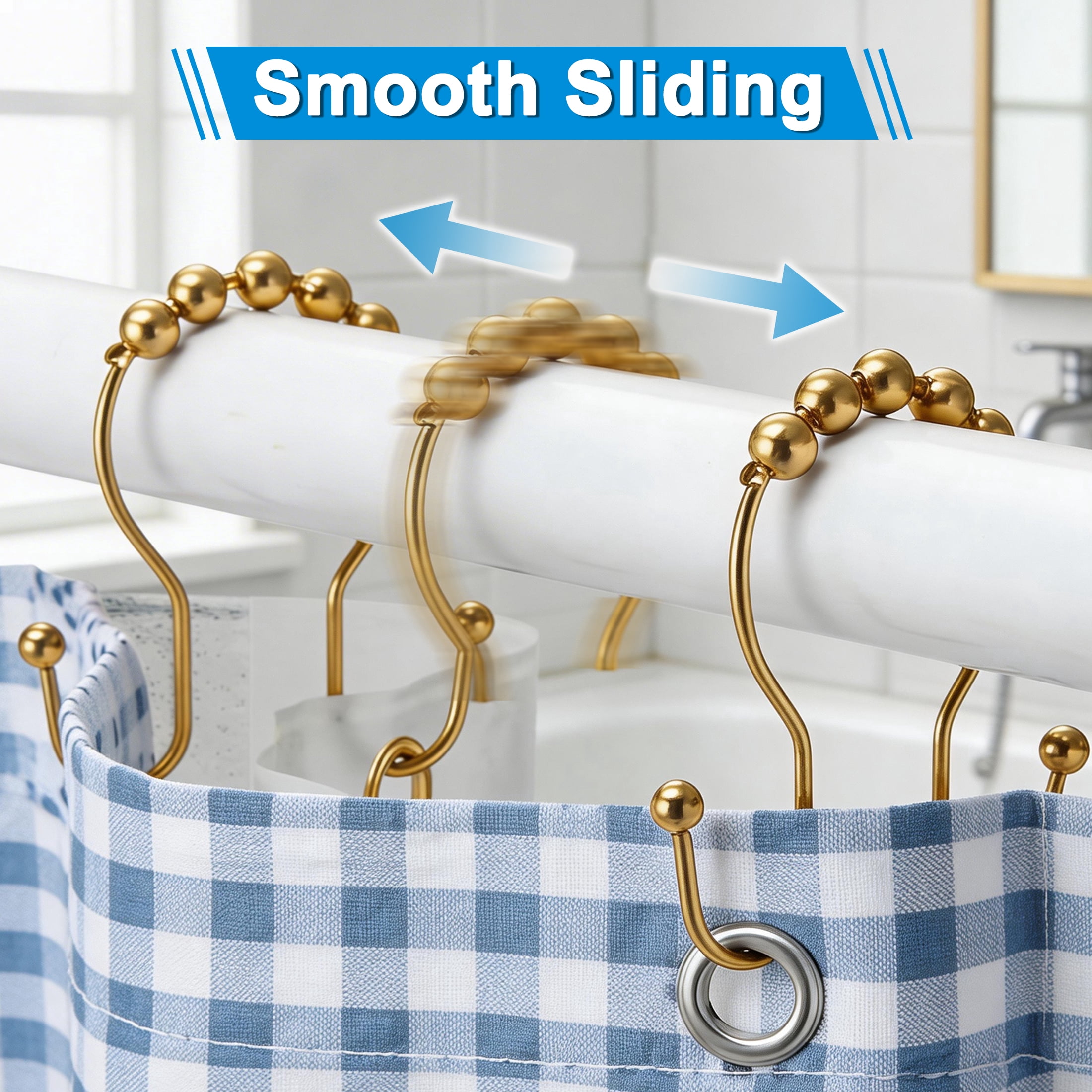 Shower Curtain Hooks, Rustproof Metal Double Sided Shower Curtain Rings with Beaded Rollers, No Drill Shower Hooks for Bathroom Curtain Rods, Set of 12