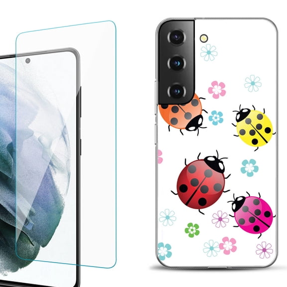 Slim-Fit Fashion Gel Phone Case for Samsung Galaxy S22  5G / S22 Plus 5G, with Tempered Glass Screen Protector, by OneToughShield ® - Ladybug