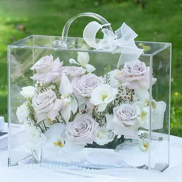Elodie Clear Acrylic Flower Box with Handle Elegant for Bridal Shower Gift Tote Bag 25.5x12x21cm