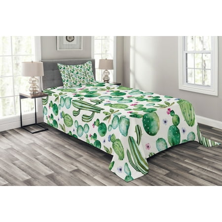 Green Bedspread Set Mexican Texas Cactus Plants Spikes Cartoon