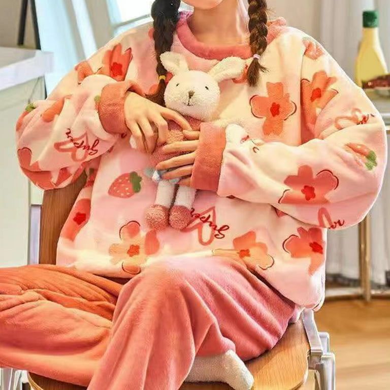 huanledash 1 Set Women Pajama Set Peach Pattern Pineapple Bear