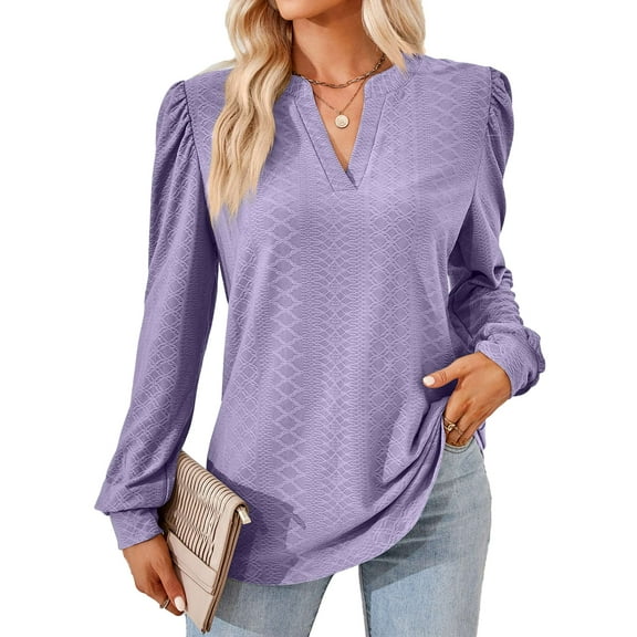 Gustave Women's Puff Long Sleeve Tops Fall Casual Dressy V Neck T-Shirts Loose Tunic Blouse Pleated Solid Work Pullover Shirts "Purple, S"